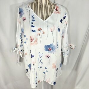 Designer White w/Multi Floral Short Tie Cuff Sleeves V Neck Top Size XLarge
